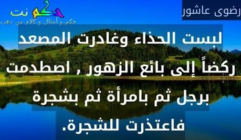 لبست الحذاء وغادرت المصعد ركضاً إلى بائع الزهور , اصطدمت برجل ثم بامرأة ثم بشجرة فاعتذرت للشجرة. -رضوى عاشور
